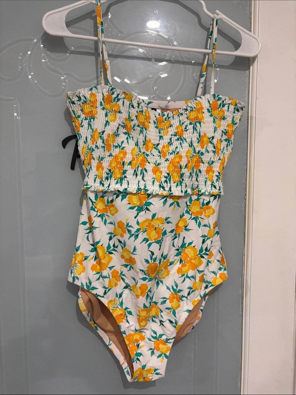 J. Crew White One-Piece Swimsuit with Yellow Floral Print ( has a spot on back)